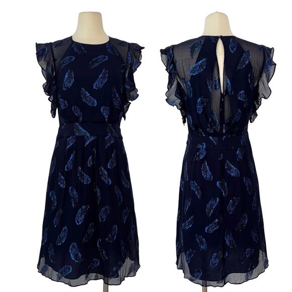 BCBGMaxazria Silk Sheila Flutter Sleeve Dress Metallic Feather Print Navy Blue 6 - Picture 1 of 12